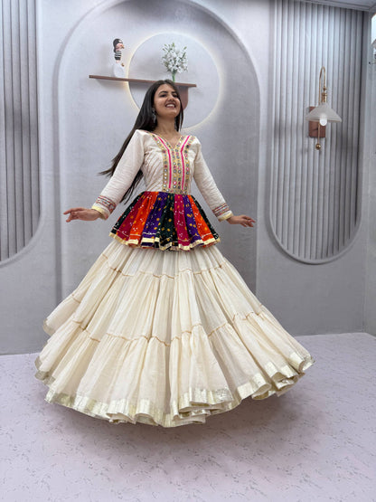 White Elegant Pure Cotton Gamthi Mirror Work Navratri Lehenga Choli