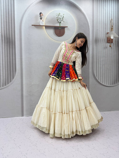 White Elegant Pure Cotton Gamthi Mirror Work Navratri Lehenga Choli