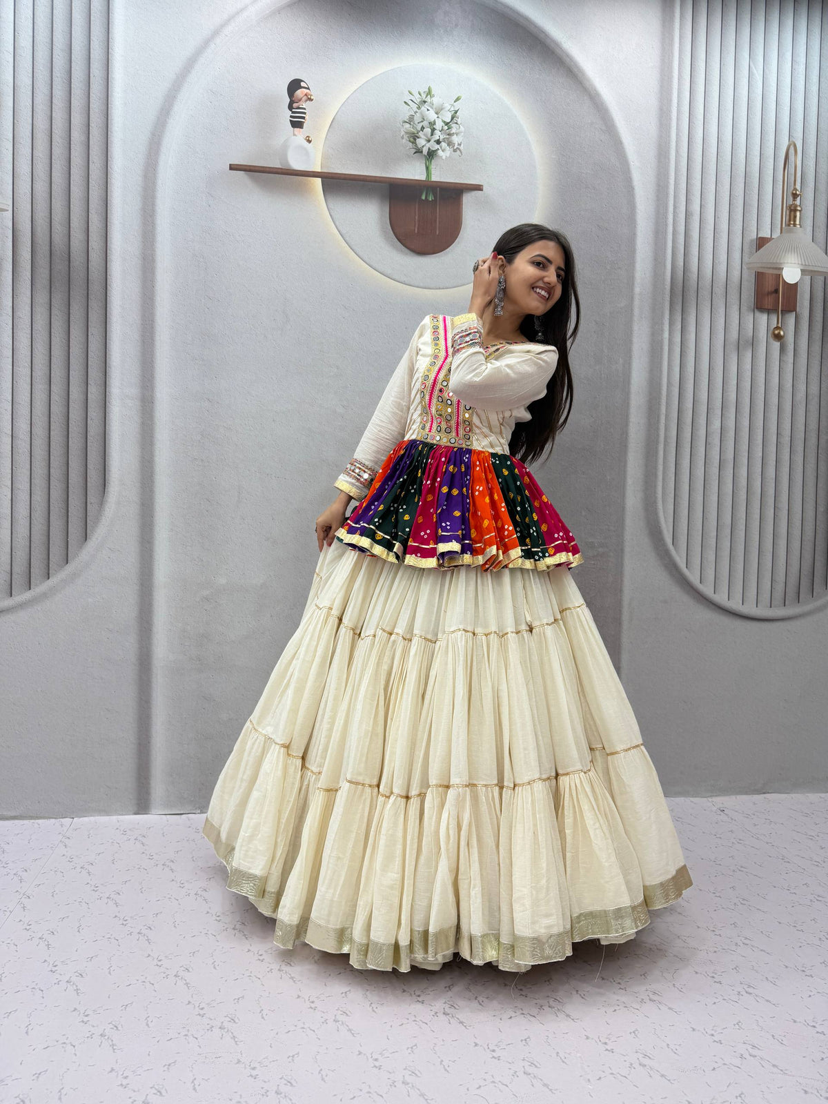 White Elegant Pure Cotton Gamthi Mirror Work Navratri Lehenga Choli