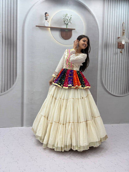 White Elegant Pure Cotton Gamthi Mirror Work Navratri Lehenga Choli