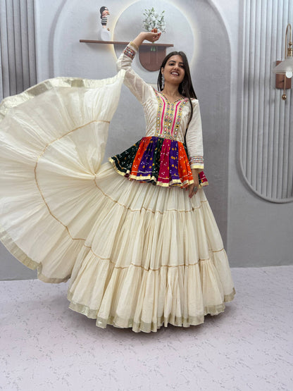 White Elegant Pure Cotton Gamthi Mirror Work Navratri Lehenga Choli