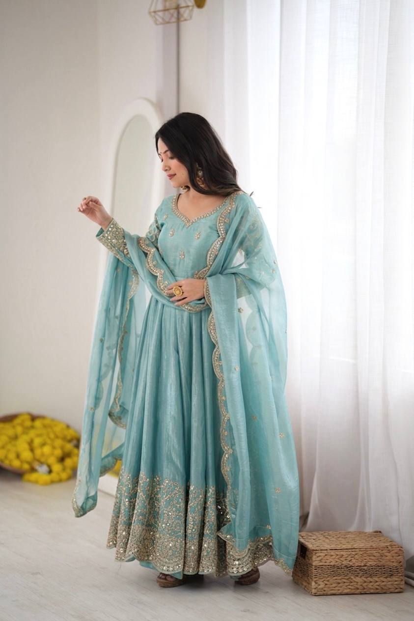 Sea Green Fendy Silk Embroidered Sequence Work Gown Set With Dupatta
