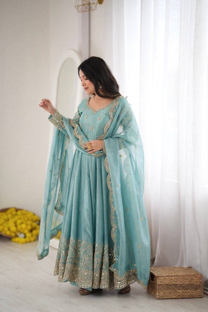 Sea Green Fendy Silk Embroidered Sequence Work Gown Set With Dupatta