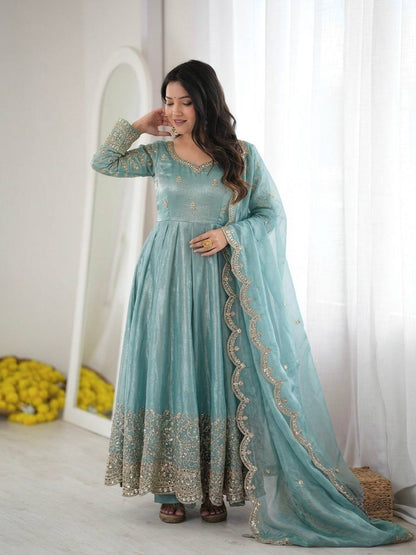 Sea Green Fendy Silk Embroidered Sequence Work Gown Set With Dupatta