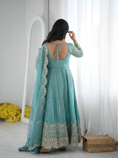 Sea Green Fendy Silk Embroidered Sequence Work Gown Set With Dupatta