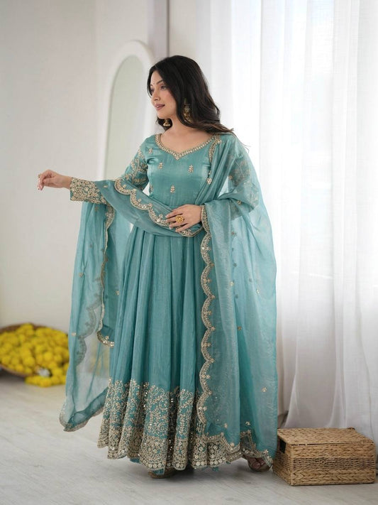 Sea Green Fendy Silk Embroidered Sequence Work Gown Set With Dupatta