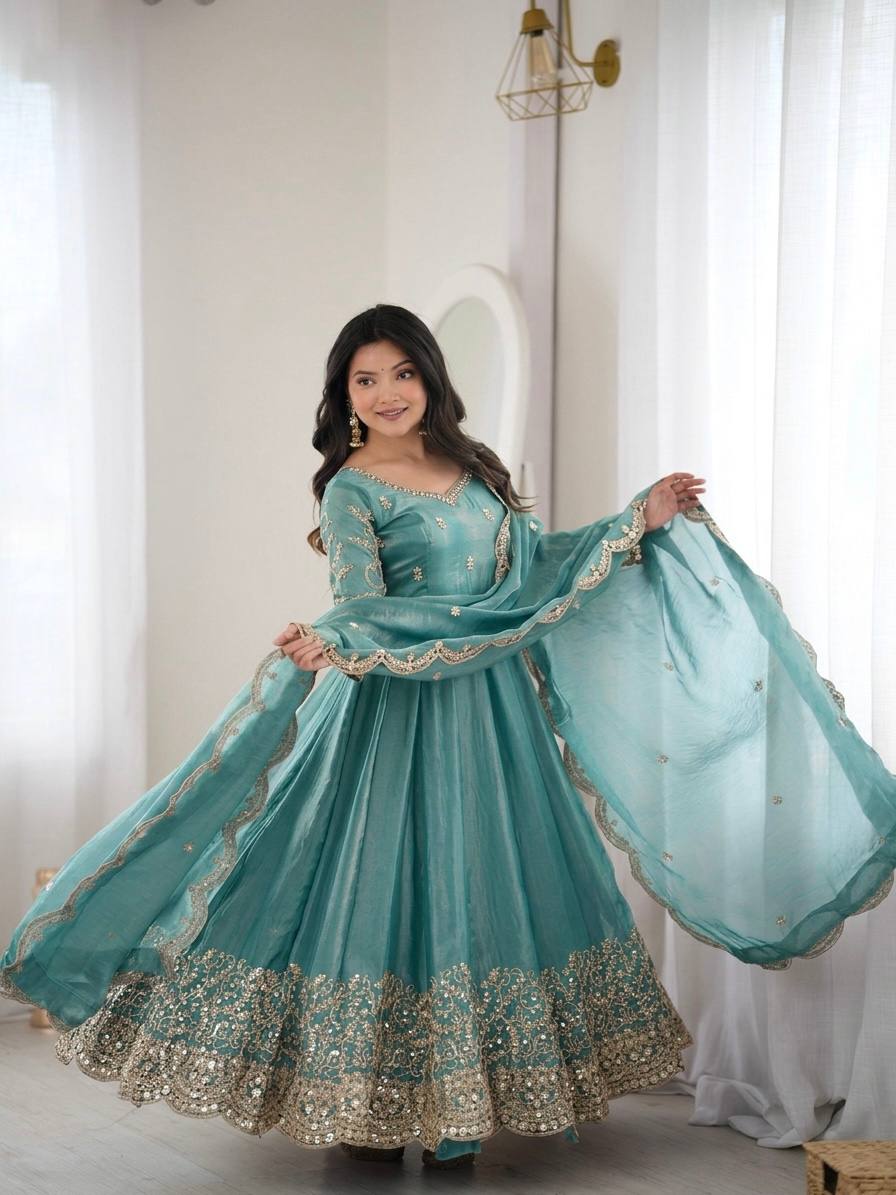 Sea Green Fendy Silk Embroidered Sequence Work Gown Set With Dupatta