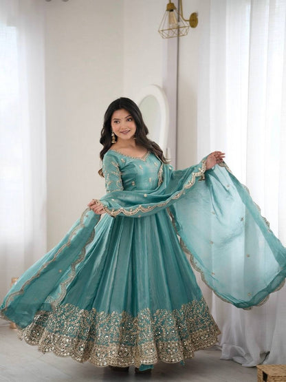 Sea Green Fendy Silk Embroidered Sequence Work Gown Set With Dupatta