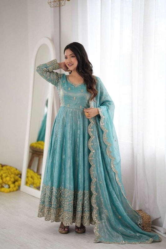 Sea Green Fendy Silk Embroidered Sequence Work Gown Set With Dupatta