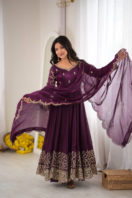 Purple Fendy Silk Embroidered Sequence Work Gown Set With Dupatta