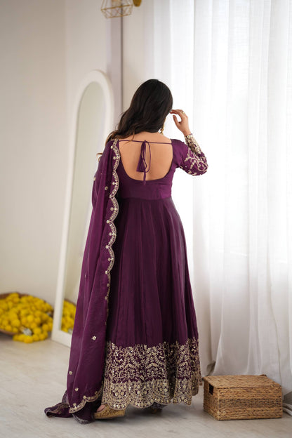 Purple Fendy Silk Embroidered Sequence Work Gown Set With Dupatta