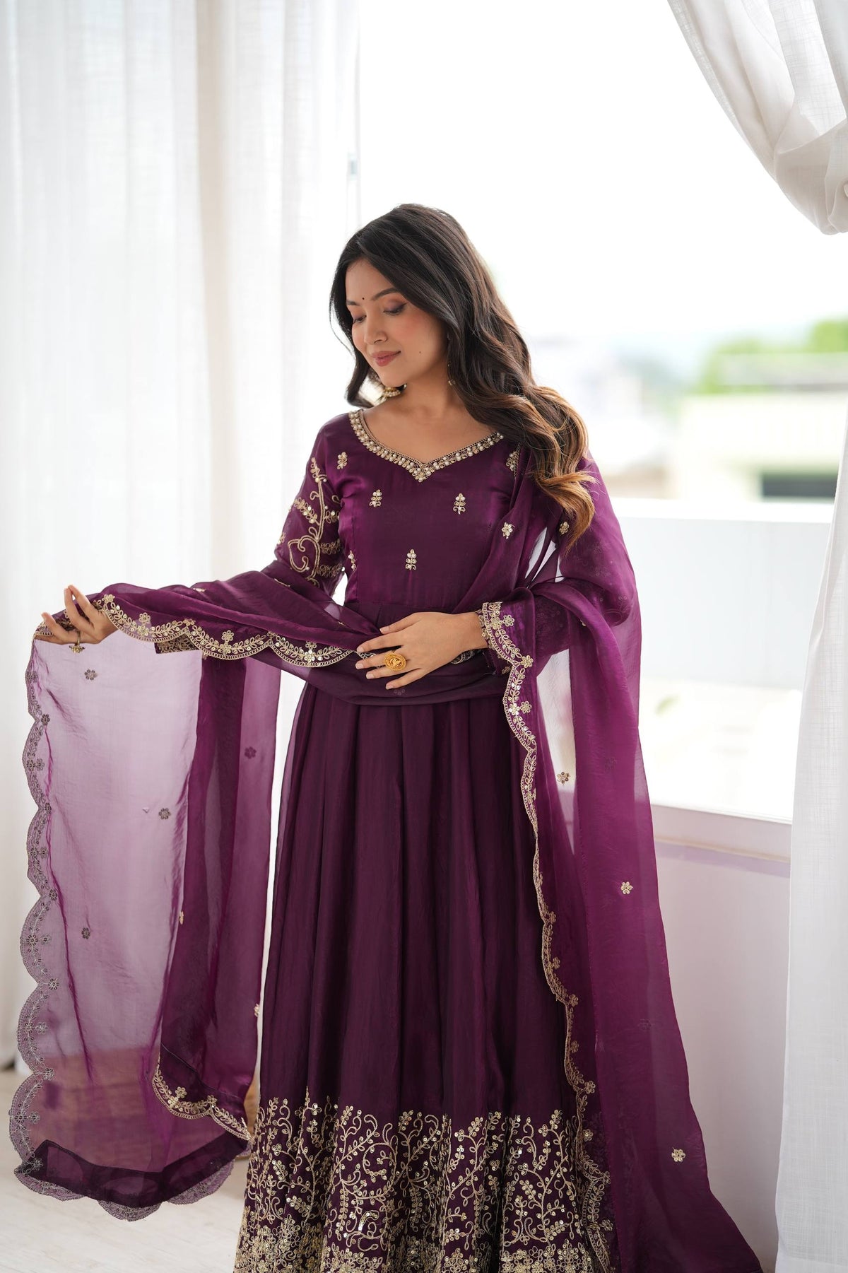 Purple Fendy Silk Embroidered Sequence Work Gown Set With Dupatta