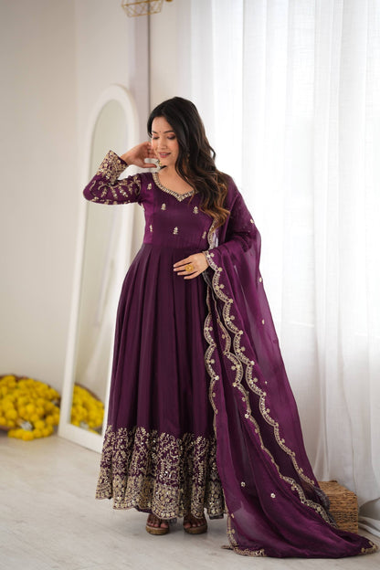 Purple Fendy Silk Embroidered Sequence Work Gown Set With Dupatta