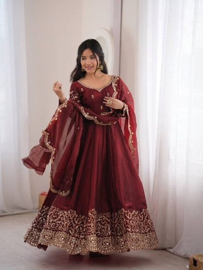 Wine Fendy Silk Embroidered Sequence Work Gown Set With Dupatta