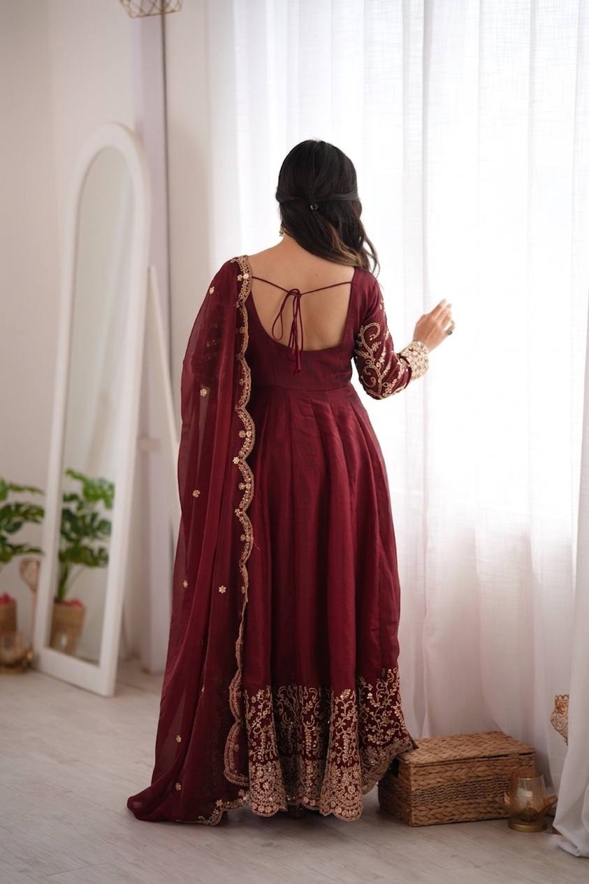 Wine Fendy Silk Embroidered Sequence Work Gown Set With Dupatta