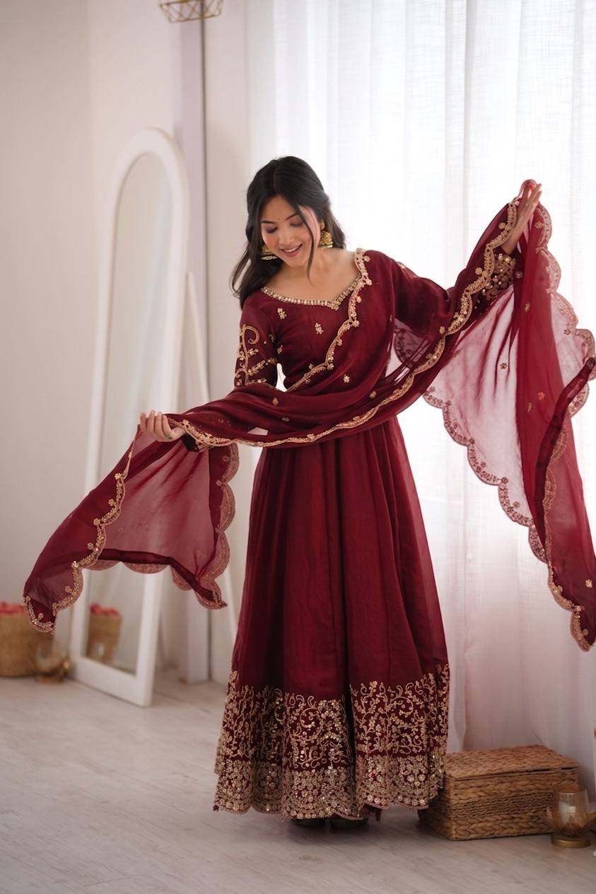 Wine Fendy Silk Embroidered Sequence Work Gown Set With Dupatta