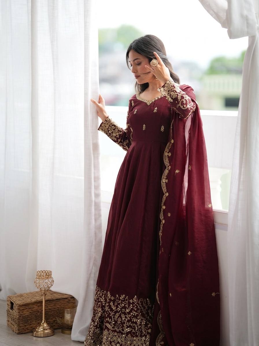 Wine Fendy Silk Embroidered Sequence Work Gown Set With Dupatta