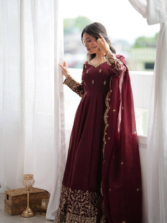 Wine Fendy Silk Embroidered Sequence Work Gown Set With Dupatta