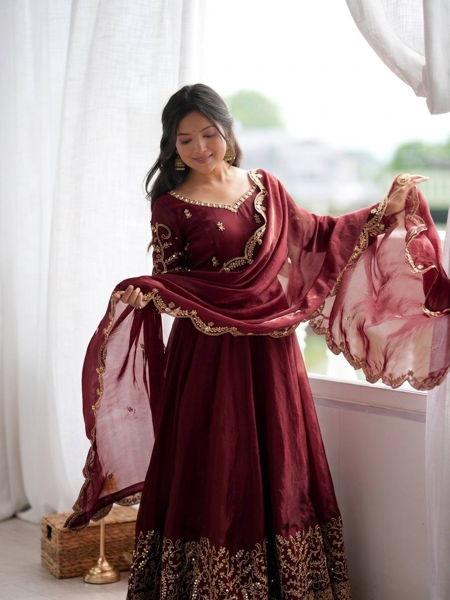 Wine Fendy Silk Embroidered Sequence Work Gown Set With Dupatta
