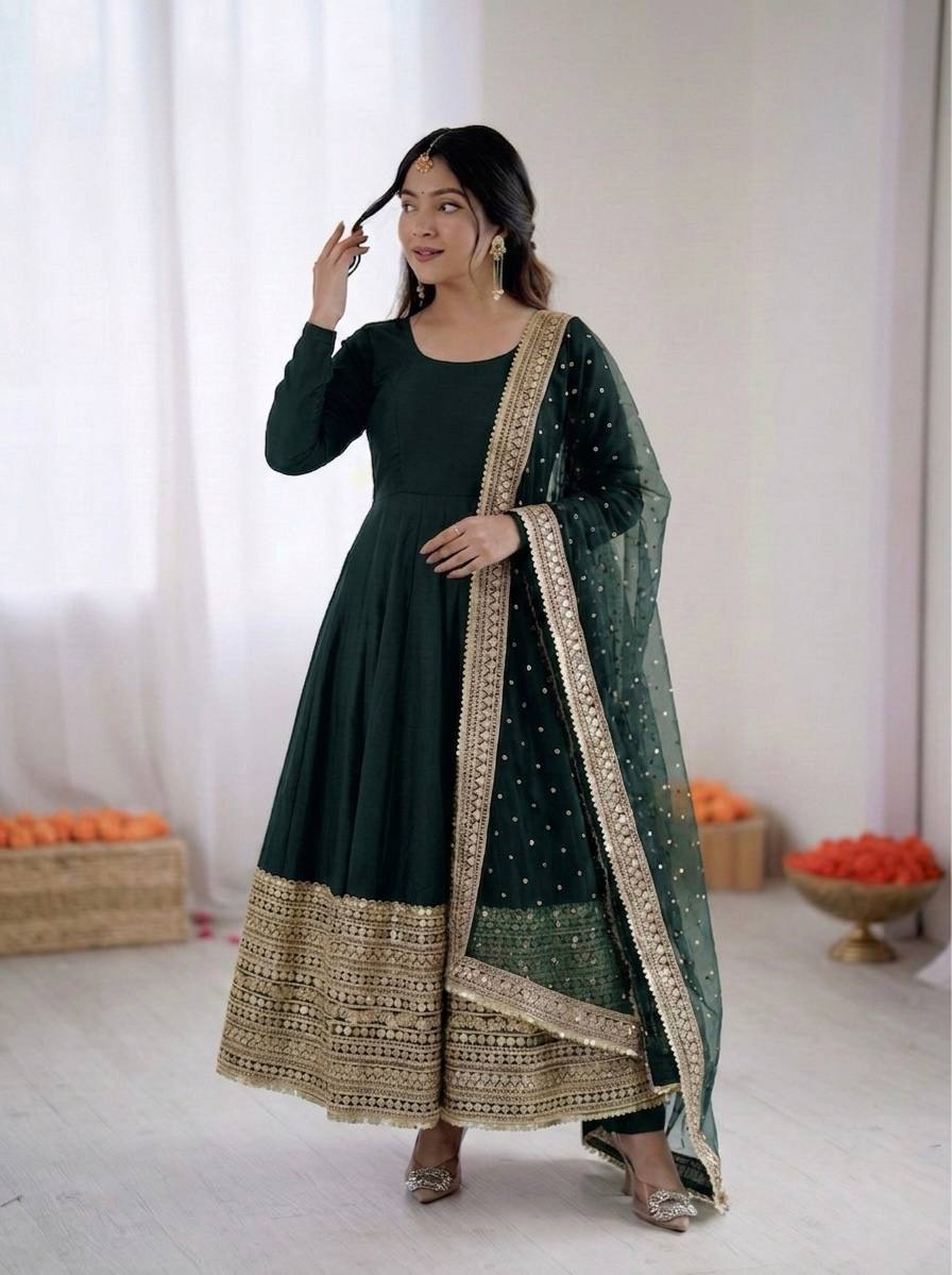 Green Elegant Roman Silk Coding Sequence Work Anarkali Gown Set