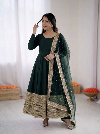 Green Elegant Roman Silk Coding Sequence Work Anarkali Gown Set