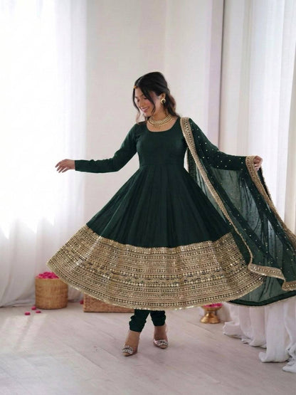 Green Elegant Roman Silk Coding Sequence Work Anarkali Gown Set