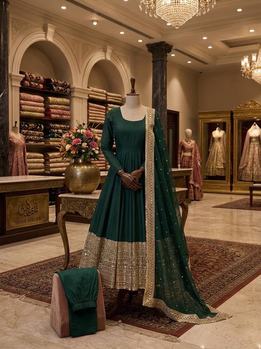 Green Elegant Roman Silk Coding Sequence Work Anarkali Gown Set