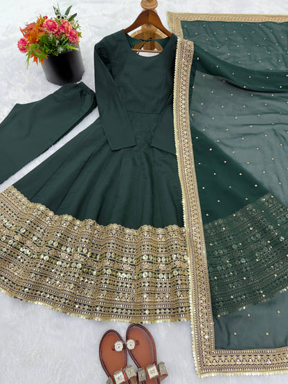 Green Elegant Roman Silk Coding Sequence Work Anarkali Gown Set