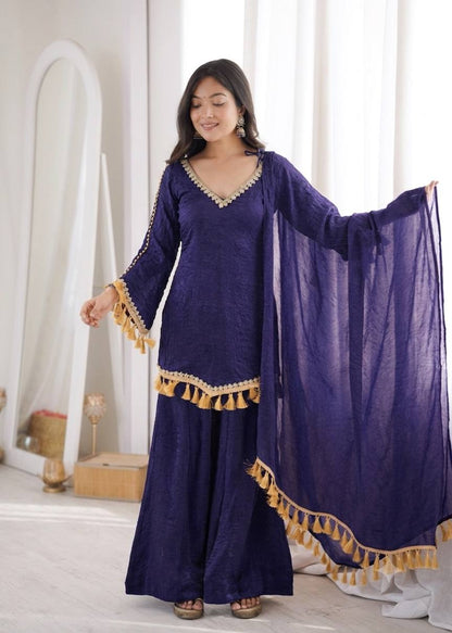 Indigo Purple Doremon Crush Mirror Work Lace Border Ethnic Wear Set