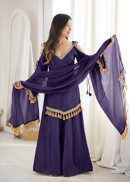 Indigo Purple Doremon Crush Mirror Work Lace Border Ethnic Wear Set