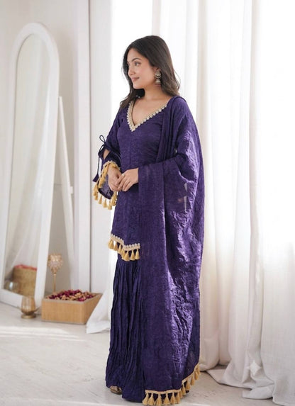 Indigo Purple Doremon Crush Mirror Work Lace Border Ethnic Wear Set