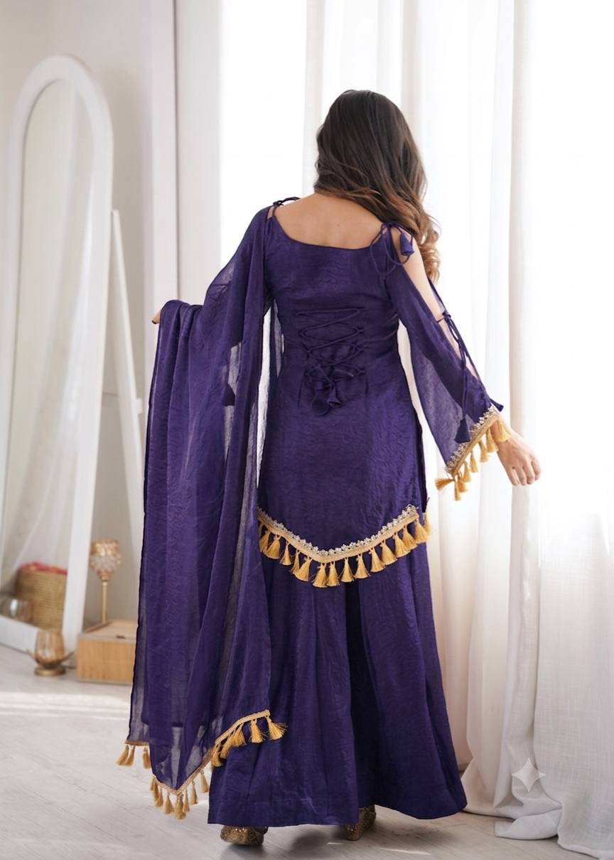 Indigo Purple Doremon Crush Mirror Work Lace Border Ethnic Wear Set