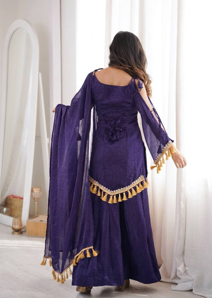 Indigo Purple Doremon Crush Mirror Work Lace Border Ethnic Wear Set