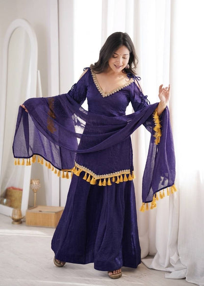 Indigo Purple Doremon Crush Mirror Work Lace Border Ethnic Wear Set