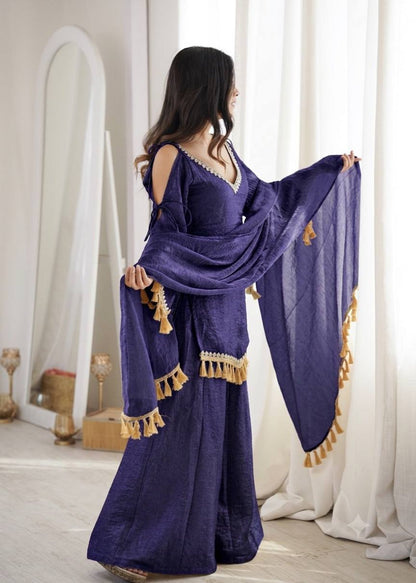 Indigo Purple Doremon Crush Mirror Work Lace Border Ethnic Wear Set