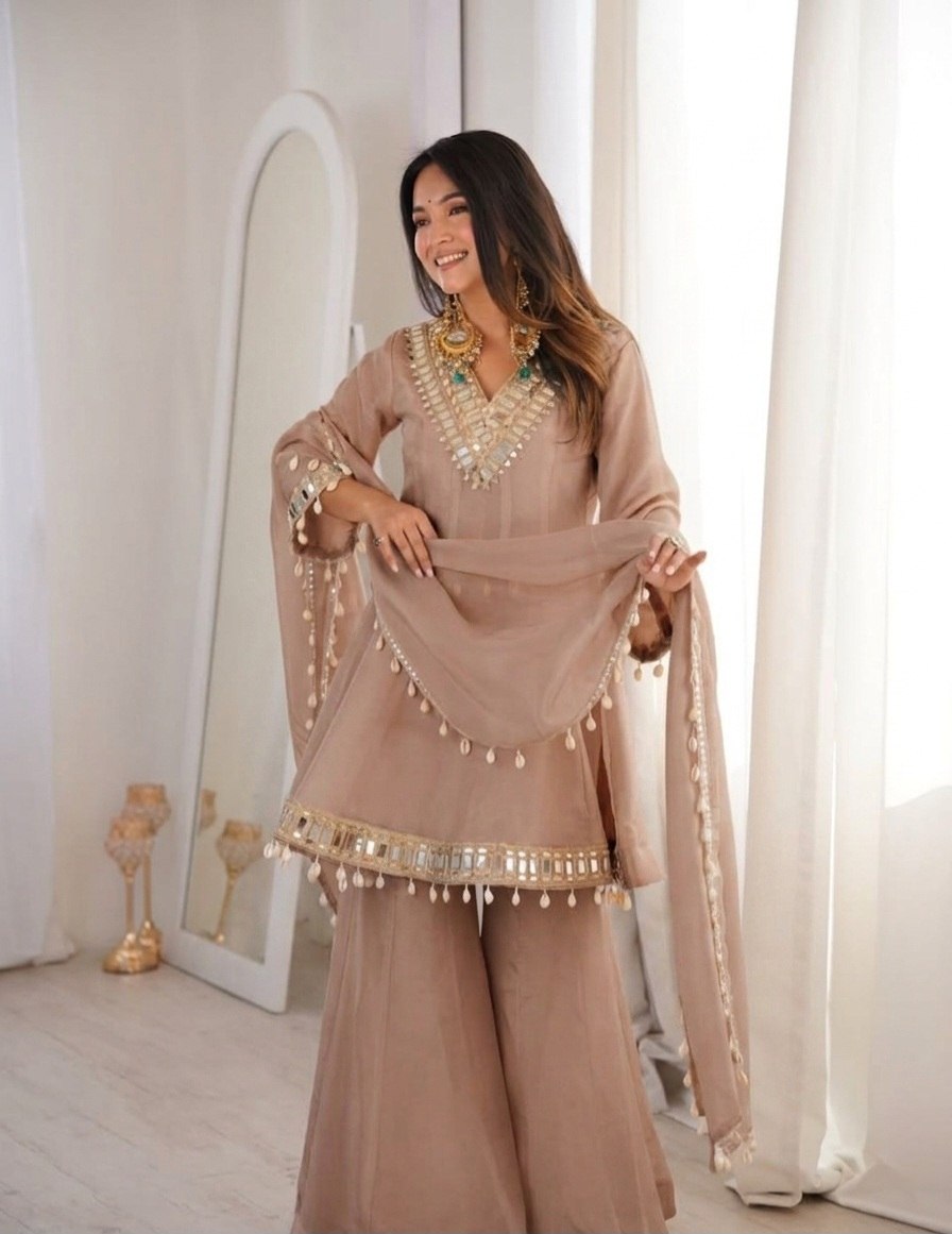 Mocha Brown Soft Chinon Real Mirror Work Long Kali Palazzo Set