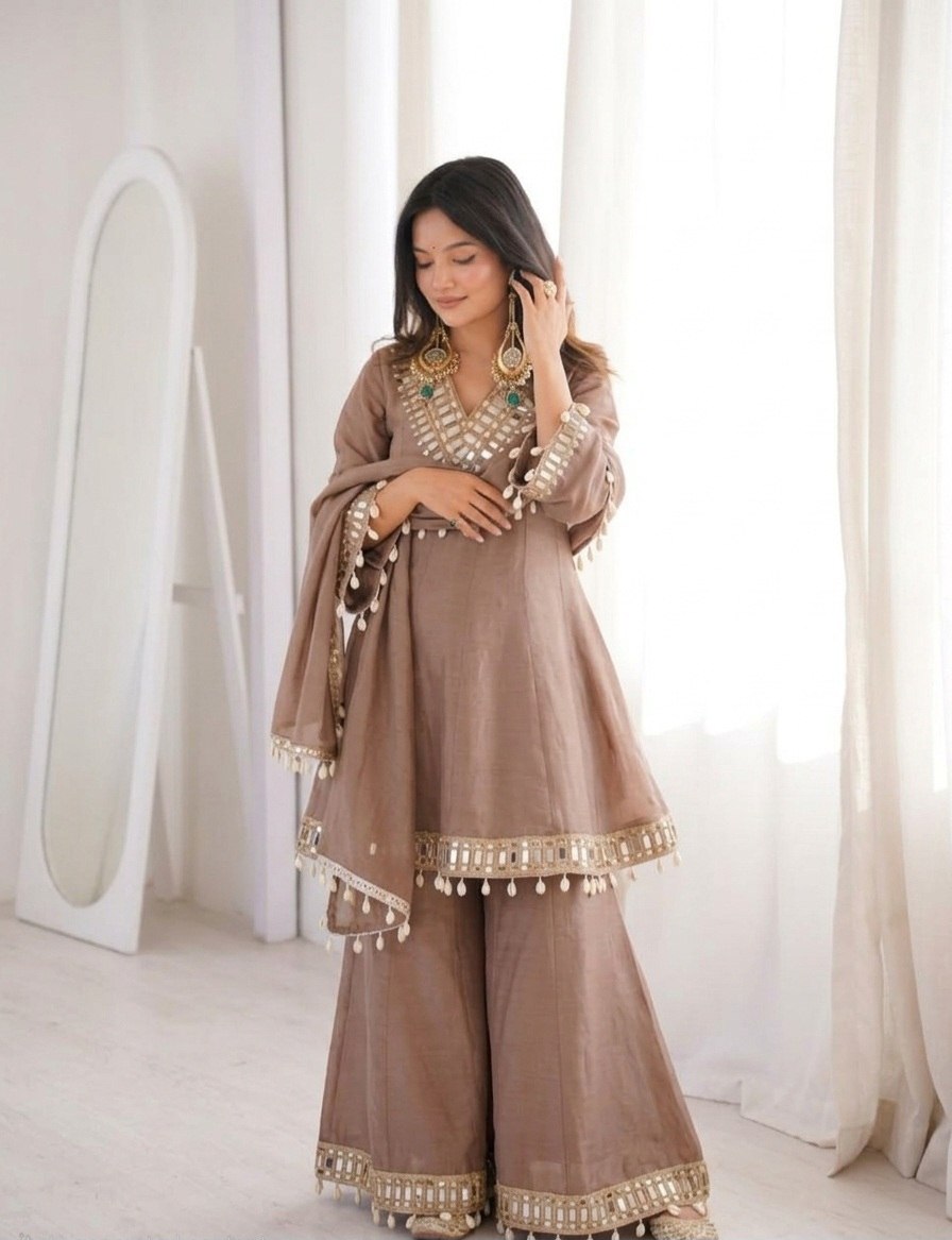Mocha Brown Soft Chinon Real Mirror Work Long Kali Palazzo Set