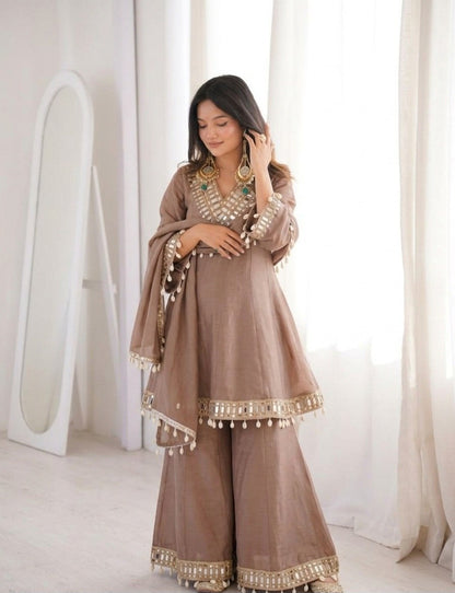 Mocha Brown Soft Chinon Real Mirror Work Long Kali Palazzo Set