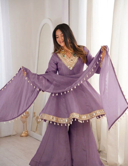 Dusty Lavender Soft Chinon Real Mirror Work Long Kali Palazzo Set