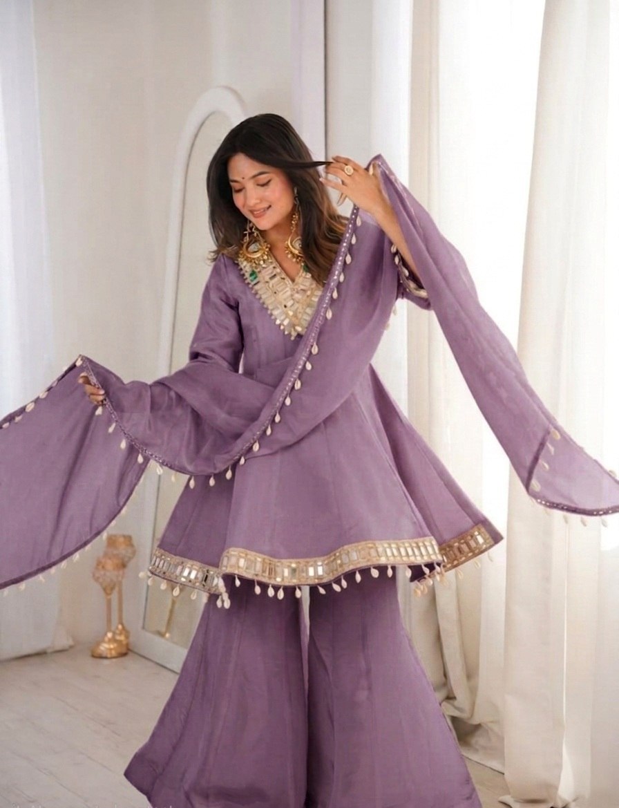 Dusty Lavender Soft Chinon Real Mirror Work Long Kali Palazzo Set