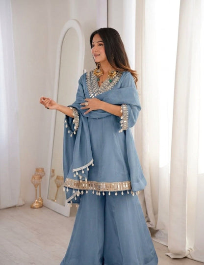 Dusty Blue Soft Chinon Real Mirror Work Long Kali Palazzo Set