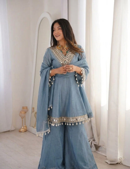 Dusty Blue Soft Chinon Real Mirror Work Long Kali Palazzo Set