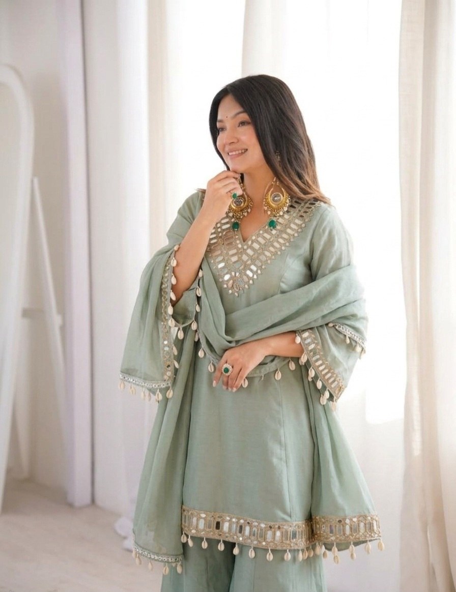 Sage Green Soft Chinon Real Mirror Work Long Kali Palazzo Set