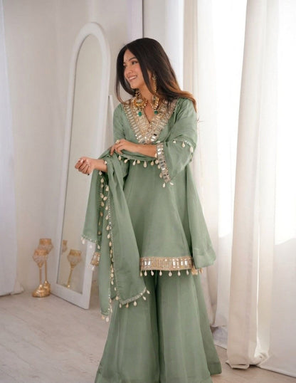Sage Green Soft Chinon Real Mirror Work Long Kali Palazzo Set