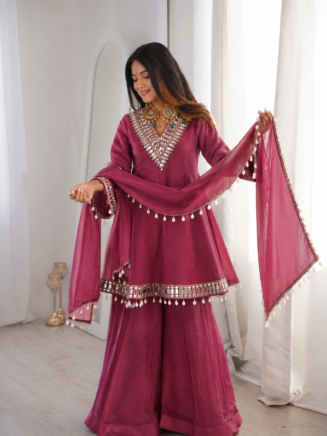 Berry Pink Soft Chinon Real Mirror Work Long Kali Palazzo Set