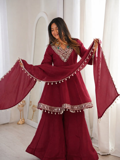 Maroon Soft Chinon Real Mirror Work Long Kali Palazzo Set