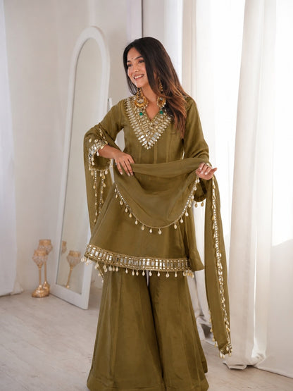 Olive Green Soft Chinon Real Mirror Work Long Kali Palazzo Set