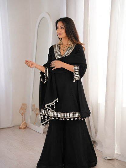 Black Soft Chinon Real Mirror Work Long Kali Palazzo Set