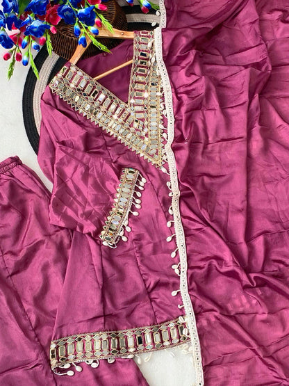 Berry Pink Soft Chinon Real Mirror Work Long Kali Palazzo Set