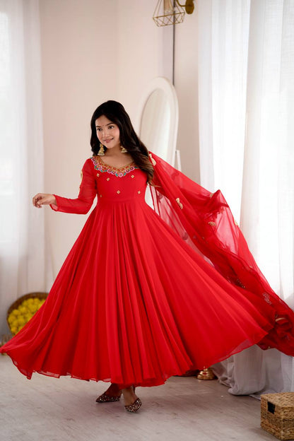 Red Faux Georgette Seven Meter Flared Embroidered Gown Set